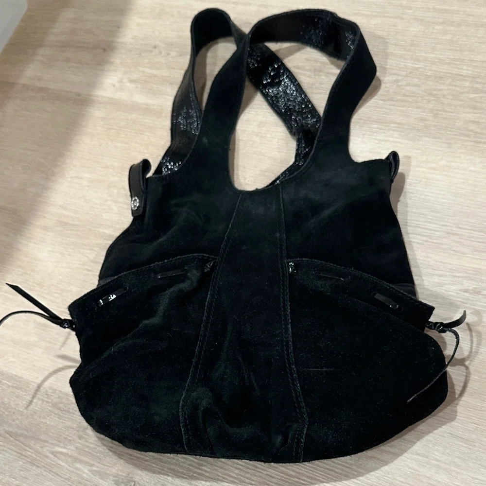 Lucky Brand Black suede patent Hobo Bag tote bag purse